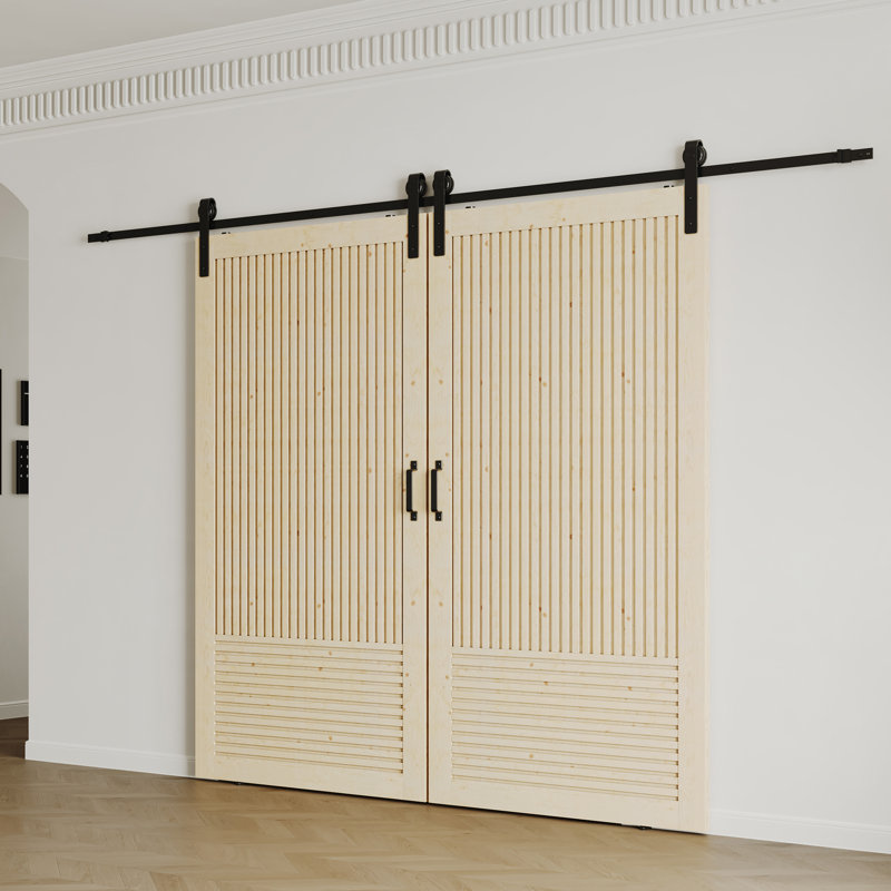 Porte de grange coulissante - Grille en bois de pin à lattes avec quincaillerie noire (panneau de porte prêt à assembler)