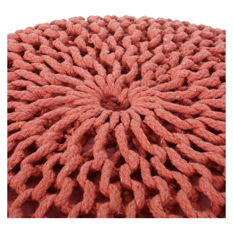 Handcrafted Modern Cotton Pouf in Coral – Chunky Knit Round Ottoman Floor Cushion for Living Room & Bedroom Decor