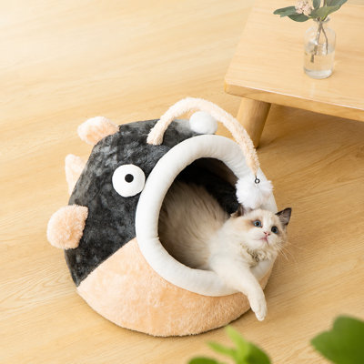 Panier pour chat Lanternfish à capuchon – Grotte fermée en peluche douce avec jouet suspendu et fond antidérapant, pour chats et petits chiens (35 cm / 44 cm)