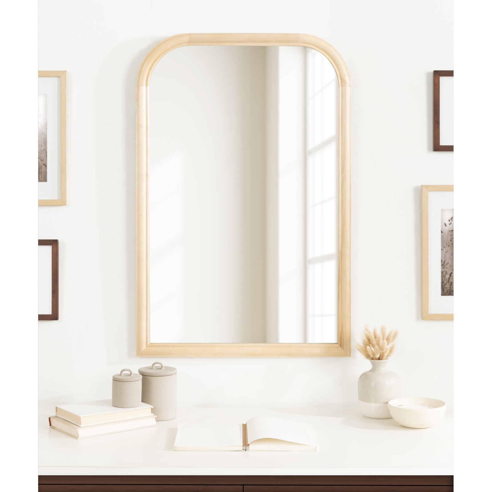 Brandis Wooden Bathroom Wall Mirror, 36" x 24", Natural, Arch