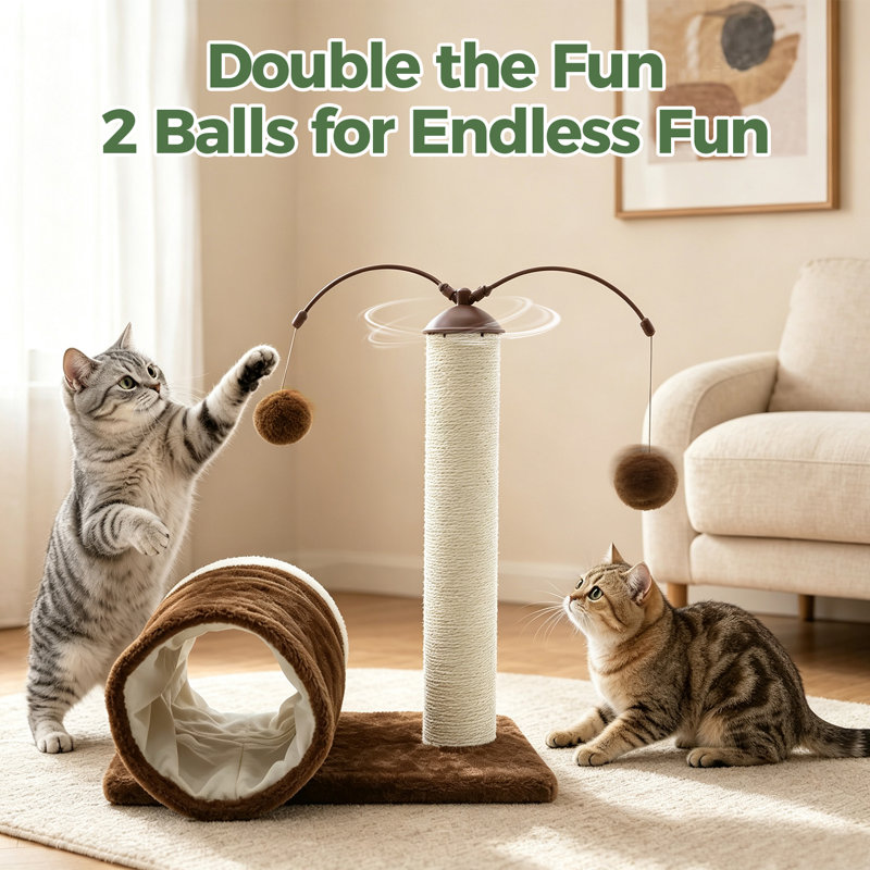 Arbre à chat multifonctionnel avec poteau à griffer en sisal, tunnel, lit et jouets à pompons suspendus - Centre d'activités d'intérieur pour chatons