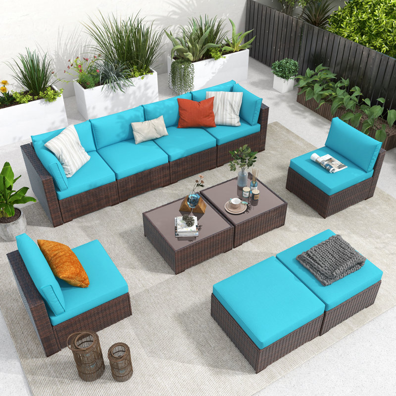 Ensemble de conversation modulaire en rotin 10 pièces avec coussins, Structure brune / coussin bleu