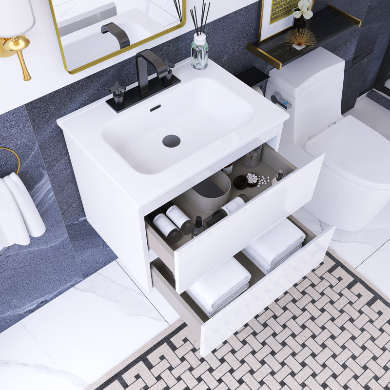 24 In. W Single Sink Wall Mounted Bath Vanity, White