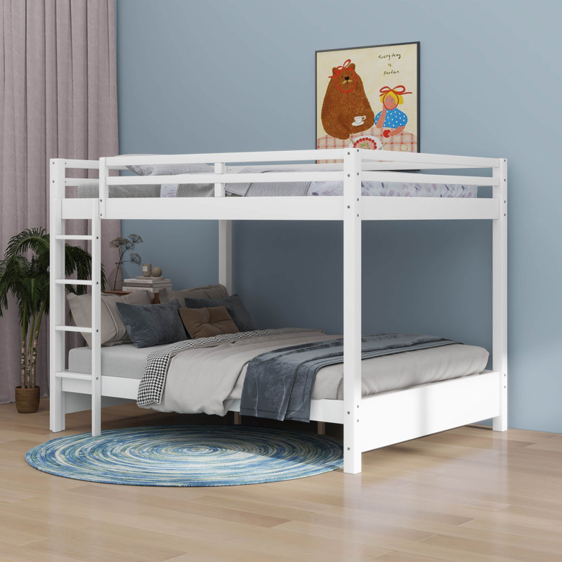 Wood Queen Size Bunk Bed With Ladder, White
