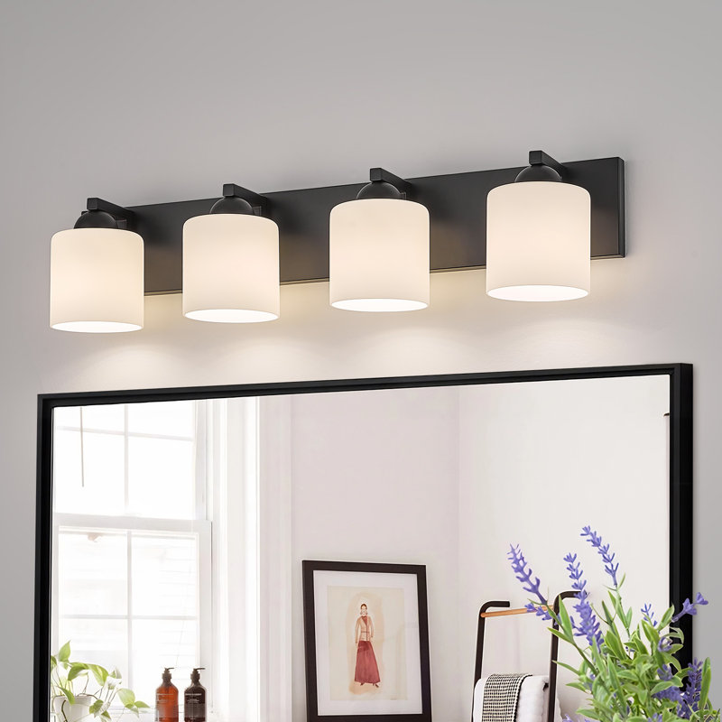 Luminaire de meuble-lavabo de salle de bain avec abat-jour en verre opale, Noir mat, 4