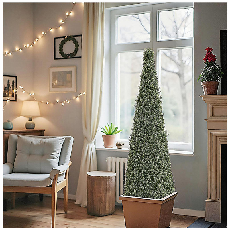 6FT Artificial Conical Topiary Trees  UV Resistant Faux Cedar Bushes and Evergreen Shrubs, Fake Potted Plants for Front Porch Outside Planter Decor, 1pc/set