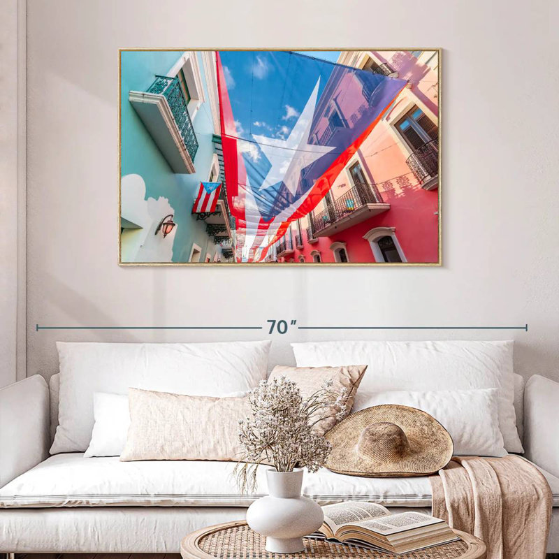 Puerto Rico Street Flag, 46" X 31", Floating Frame Natural Wood