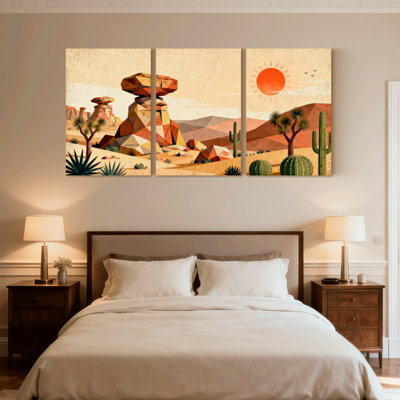 «Landscape & Nature Desert Landscape with Cacti and Rock Formations», ensemble de 3 impressions d'art sur toile