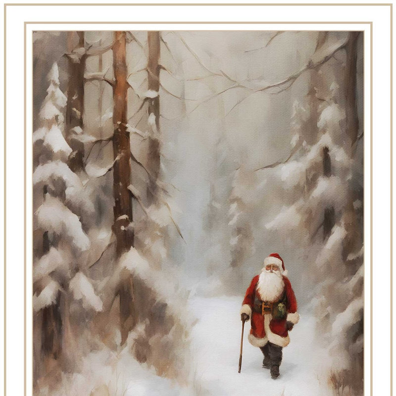 «Santa's Winter Stroll», art mural blanc encadré