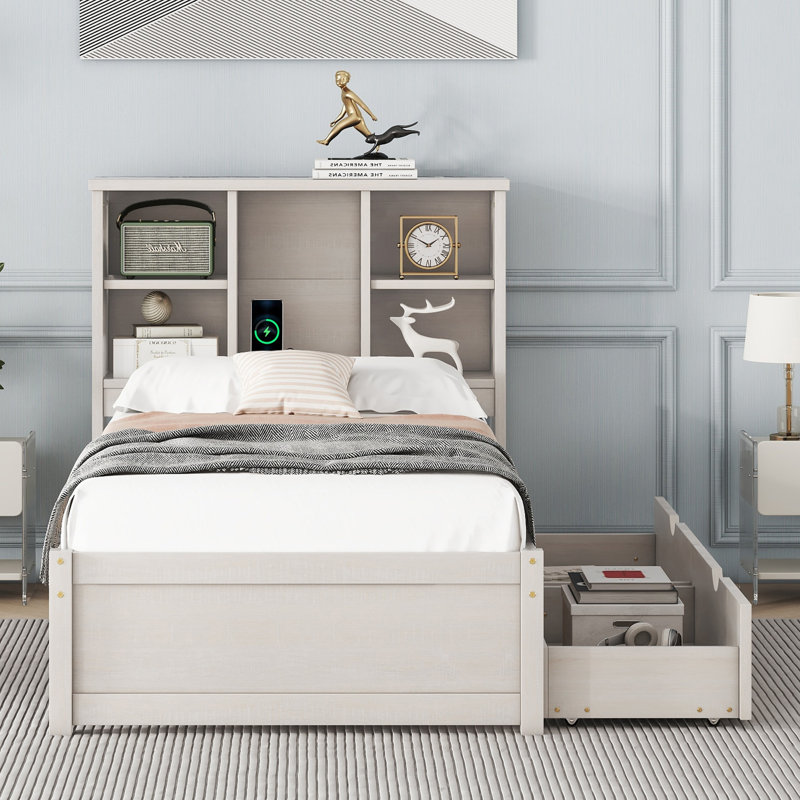 Structure de lit simple avec tête de lit bibliothèque USB intégrée et 2 tiroirs de rangement, lit plateforme moderne, bois durable, blanc délavé