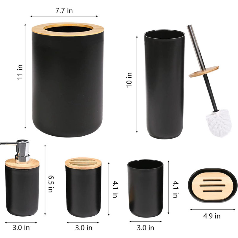Jaiheim Bamboo Bathroom Accessory Set, 6 Pieces Bath Set- Soap Dish Toothbrush Holder Rinse Cup Lotion Bottle, Black