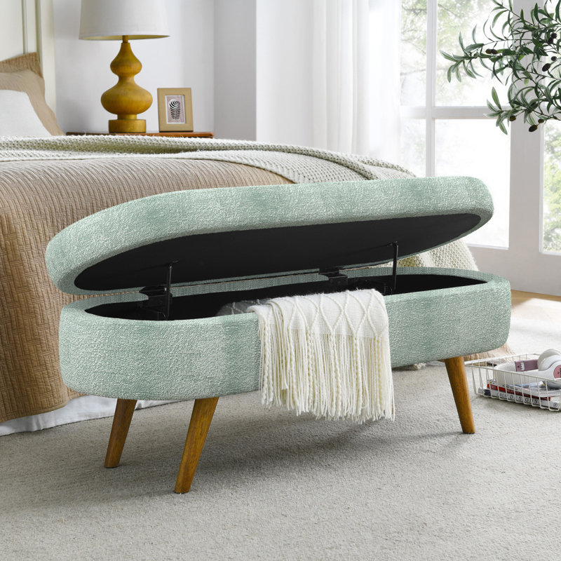 Ottoman Oval Storage Bench,Rubber Wood Legs, Gray (43.5"X16"X16") Cyan, Cyan