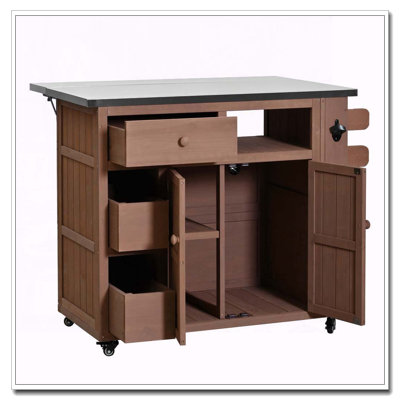 Outdoor Solid Wood Extendable 19.3''/28'' Kitchen Island, Stainless Steel Top Grill Table with Side Spice Rack