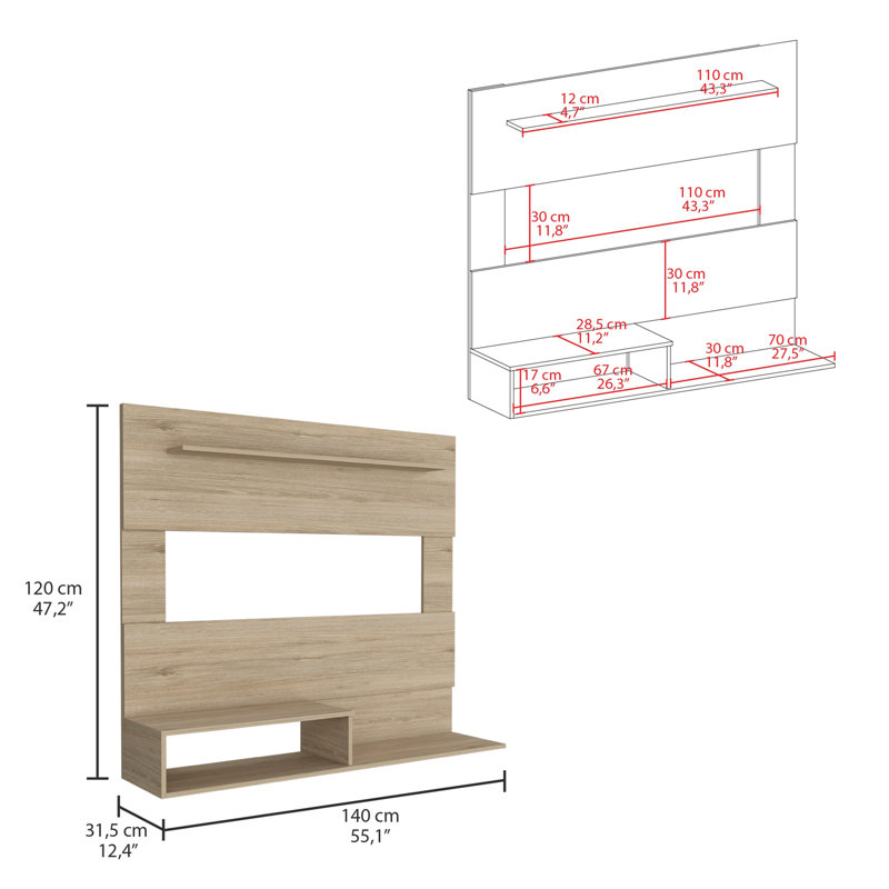 Beijing Floating Entertainment Center, One Superior Shelf, Two Shelves, Space For The TV´S Up 55" -Light Pine