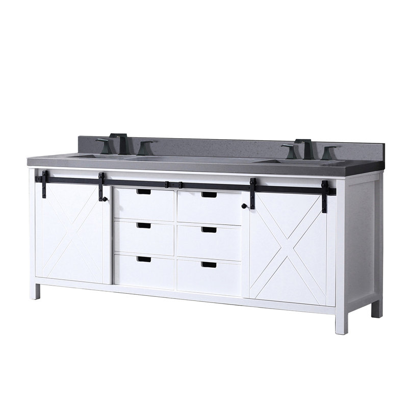 Meuble-lavabo double 84 po W - Blanc avec comptoir en quartz gris et robinet à fermeture en douceur pour un fonctionnement silencieux et en bois 86,88 x 21,55 po et noir mat spacieux