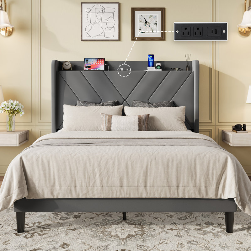 Upholstered Velvet Bed Frame With Storage Headboard And Charging Station, Gray, Queen