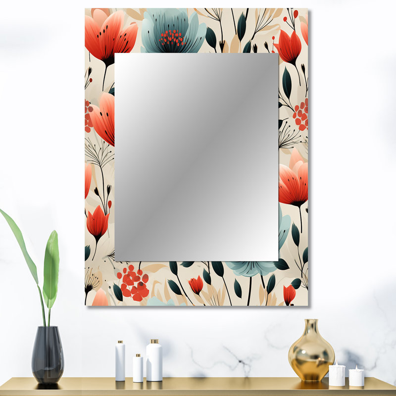 Deborha Vintage Romance Red Floral Bliss - Floral Wall Mirror, Floral Decorative Mirror, Printed Metal Art, 40" x 30"