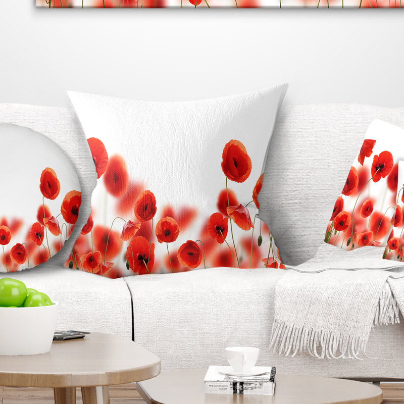 Jolies fleurs de coquelicot sur fond blanc - coussin à imprimé floral, 16 po x 1 po, Coussin décoratif