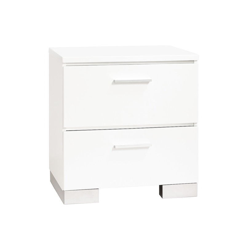 Table de chevet blanche pratique avec pieds et 2 tiroirs spacieux pour l'ameublement de la chambre à coucher.