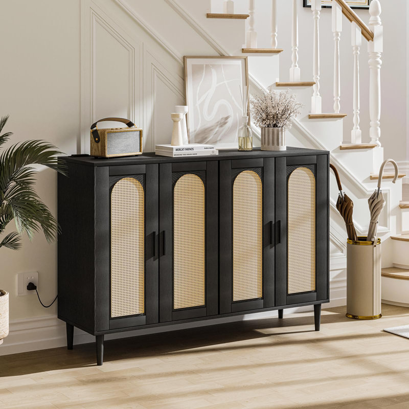 Black Rattan 4-Door Sideboard Buffet Cabinet with Power Outlet