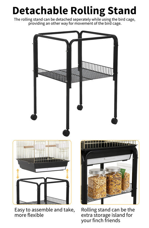 Volière Rolling Bird avec plateau ouvert, plateau de nettoyage en profondeur et tablette de rangement, H 57 po