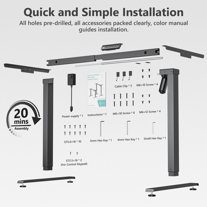 Essential Electric Height Adjustable Standing Desk Frame, Black