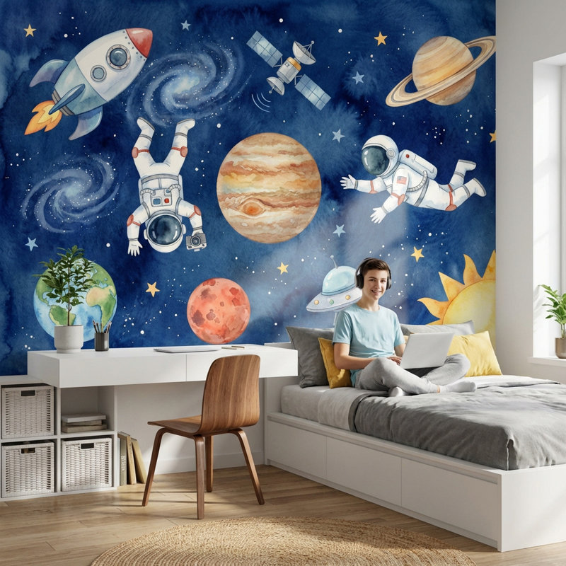 Papier peint astronaute, galaxie, planètes, 100 po x 96 po, Non tissé non collé