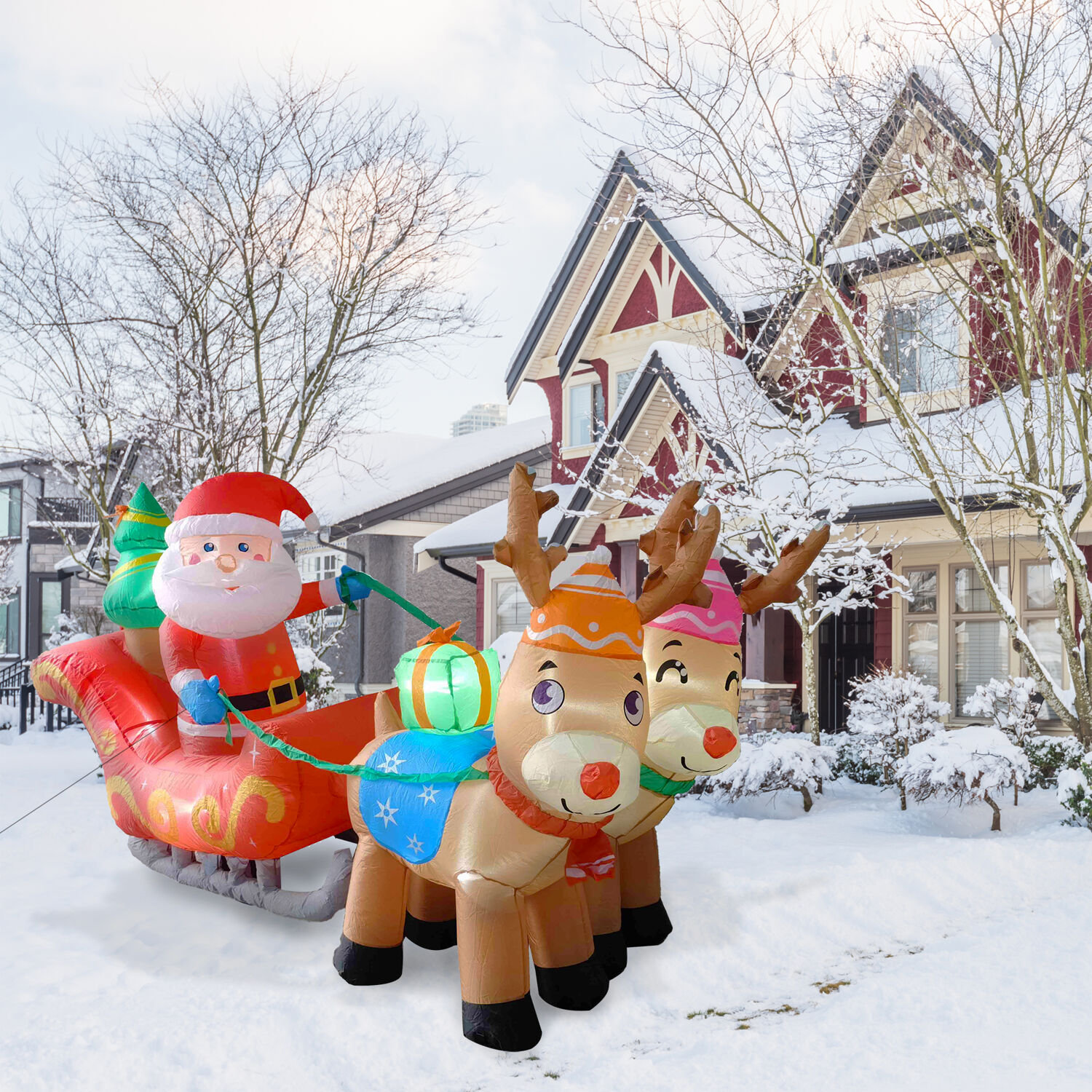 Fraser Hill Farm 7-Ft. Pre-Lit Inflatable Santa Sleigh and Reindeer ...