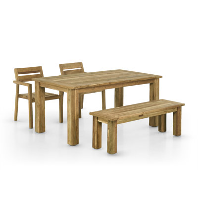 Ensemble de table de salle à manger d'extérieur 63 po en teck récupéré avec banc 51 po et deux fauteuils en teck 63 po Bovey
