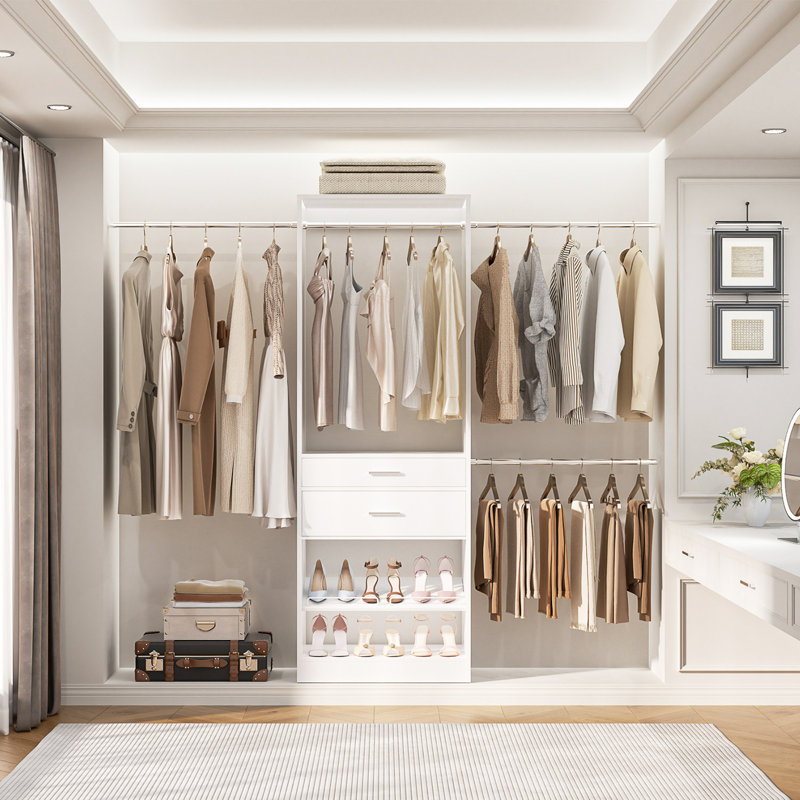 Système d'organisation 96 po avec 2 tiroirs en bois et support à chaussures réglable (largeur réglable), Blanc