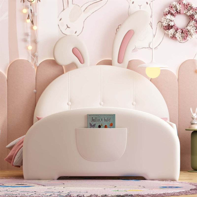 Joli lit princesse en forme de lapin, plateforme tapissier simple avec tête et pied de lit, White