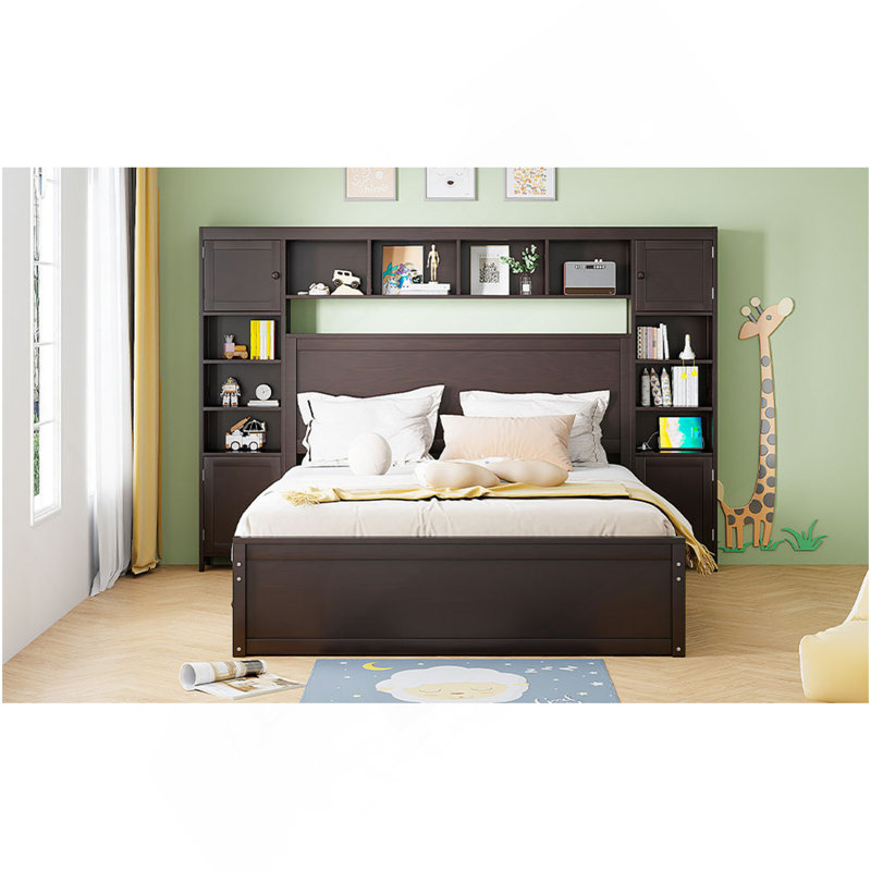 Grand lit en bois avec armoire tout-en-un, tablette et prises, gigogne simple TG, espresso, Espresso