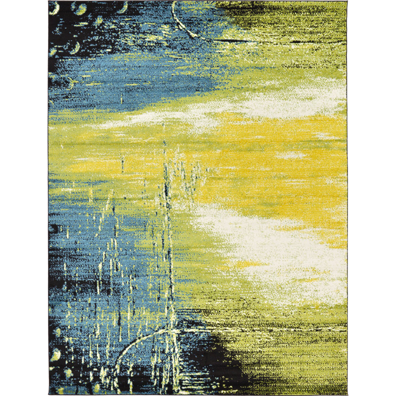 Tapis noir / jaune à motif abstrait Greydon, Rectangle 5 pi 1 po x 8 pi