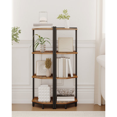 Corner Shelf Stand, Corner Bookshelf, Storage Standing Shelf Unit with Metal Frame, Plant Stand, Bookcase for Living Room, Home Office, Bedroom, 4-Tier Rustic Brown