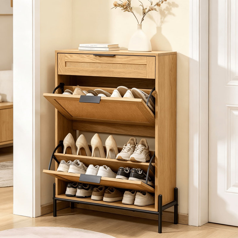 Freestanding Shoe Rack Cabinet With Flip Doors & Drawers, Oak, 2
