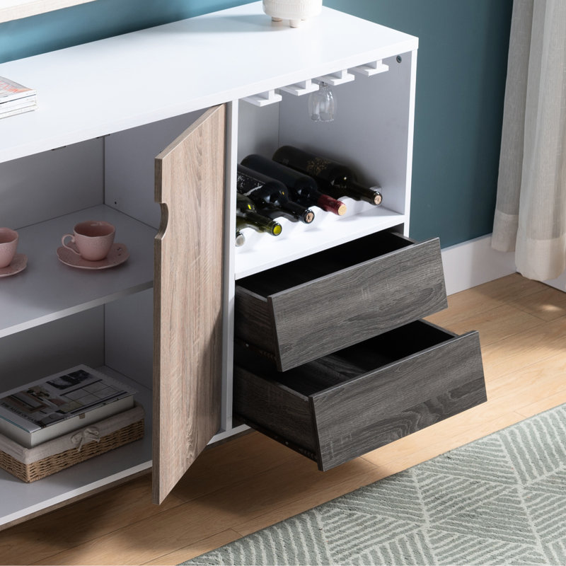 Blanc et taupe foncé, unité de rangement en bois gris vieilli avec tiroir et porte-verres, pouvant contenir 6 verres