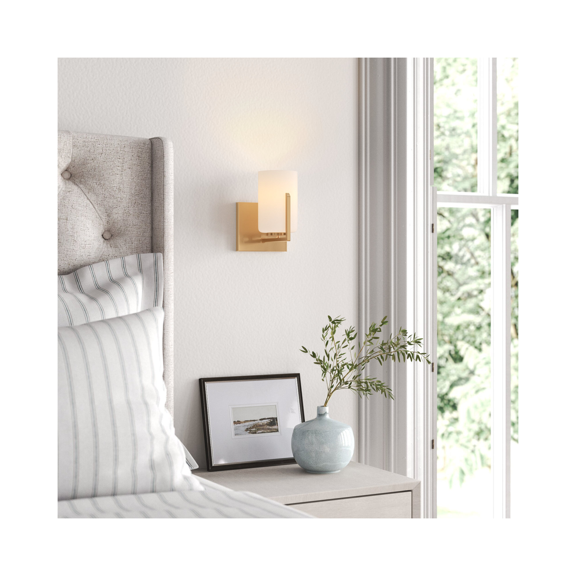 Rowanne Single Light Glass Steel Dimmable Armed Sconce, Satin Brass