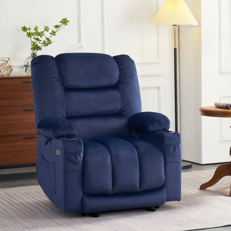 Arnaldo Upholstered Power Recliner with Heat and Massage, USB Ports, Cup Holders, Navy Blue Polyester Blend