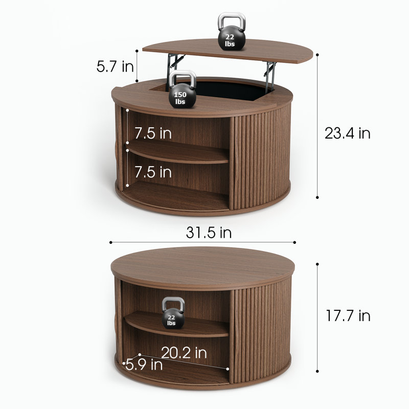 Round Coffee Table With Lifting Top,31.5” Lift Top Coffee Table With Hidden Compartment,walnut, Walnut