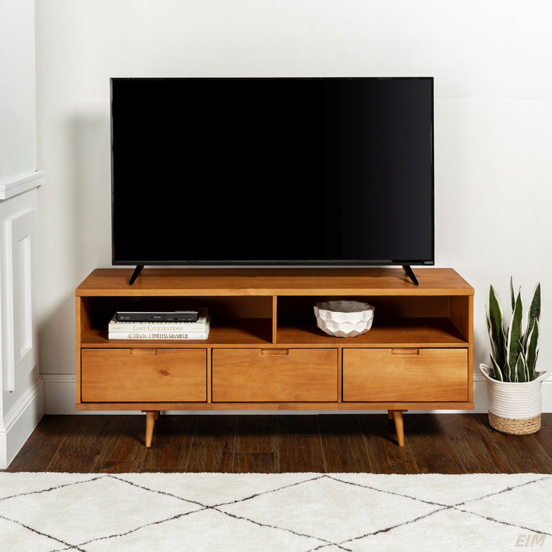 Meuble télé 3 tiroirs Mid-Century en bois massif 58 po pour téléviseur 65 po avec 2 casiers ouverts, Caramel