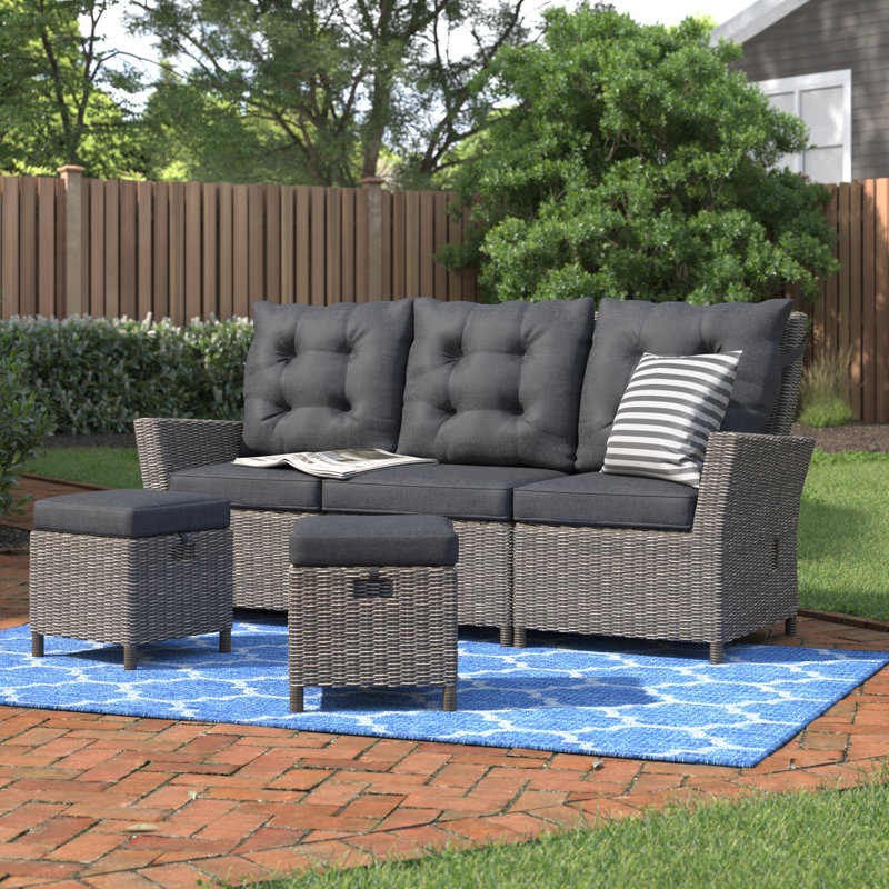 Asti All-Weather Wicker 3-Piece Outdoor Seating Set with Reclining Sofa and Two 15" Ottomans, Wicker