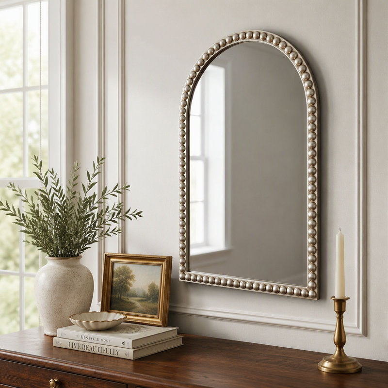 Miroir mural arqué orné de perles 20x30 pouces, miroir décoratif luxueux avec bordure perlée, élégant miroir d'appoint à cadre arqué pour salle de bain, chambre, entrée, salon