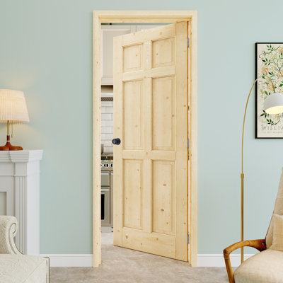 Porte pré-suspendue à 6 panneaux en bois de pin de 28 po x 80 po avec bouton rond et charnières argentées, bois de pin naturel, peint et imperméable, combinaison pour la lessive, portes de placard, portes de pièce, droite