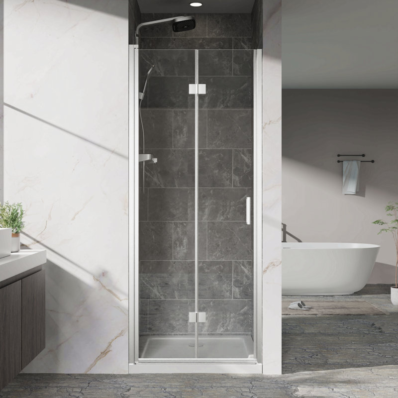 Portes de douche pivotantes, porte de douche battante pliante sans cadre l 30 po x H 72 po, verre trempé transparent de 1/4 po (6 mm), quincaillerie à finition chromée, installation réversible