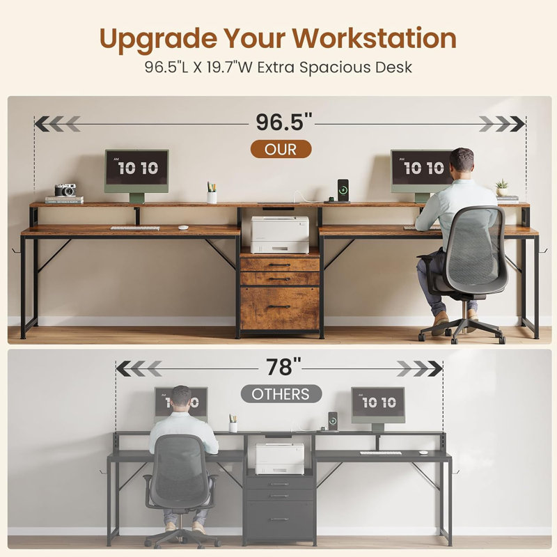 Hansbury Metal Base Computer Desk with Power Outlet, Brown/Black