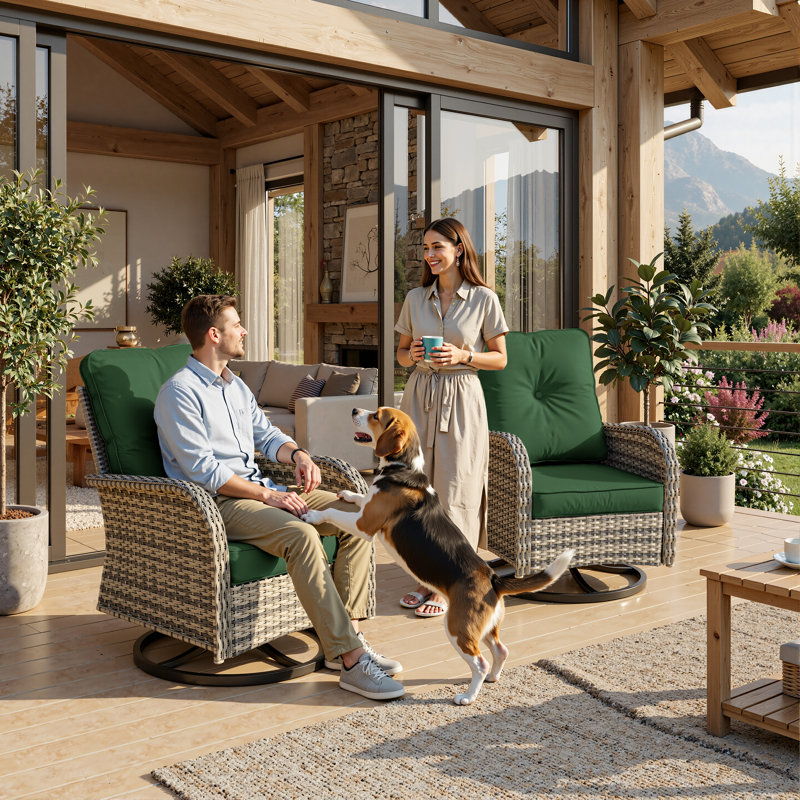  All-Weather Rattan Rocking Swivel Patio Chairs With Cushions, Forest Green