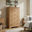Commode haute Alia, 5 tiroirs, boutons en nickel, brun chêne naturel