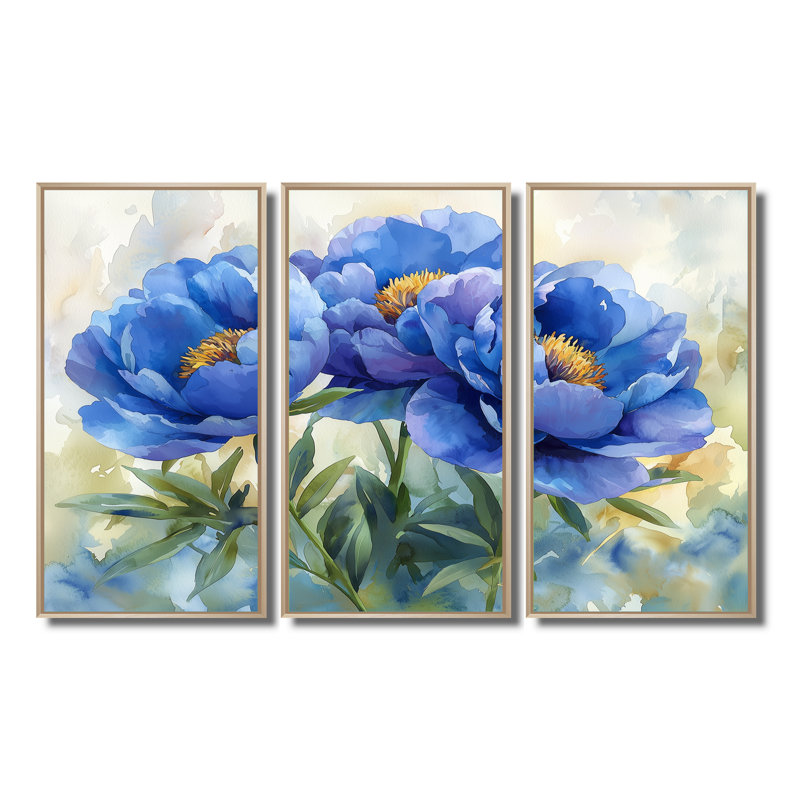 Pivoines bleues dans la prairie II - décorations murales pivoines - 3 pièces, H 28 po x l 36 po, Érable