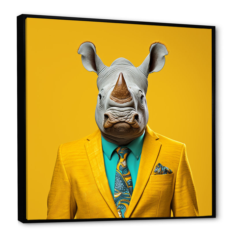 Art mural en forme de rhinocéros, Cadre flottant noir, H 16 po x l 16 po x P 1 po