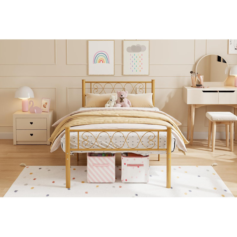 Twin Metal Bed Frame with Heart Headboard & Footboard, Storage, Gold, Gold, Twin